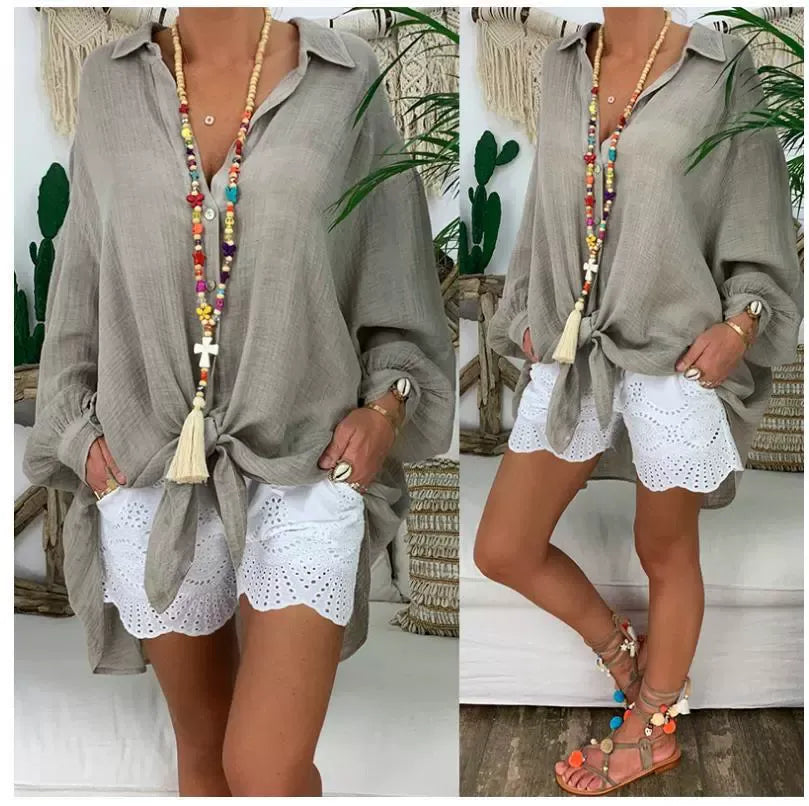 Blouse femme – Coupe oversize – Manches longues – Boutonnée – Coton lin léger