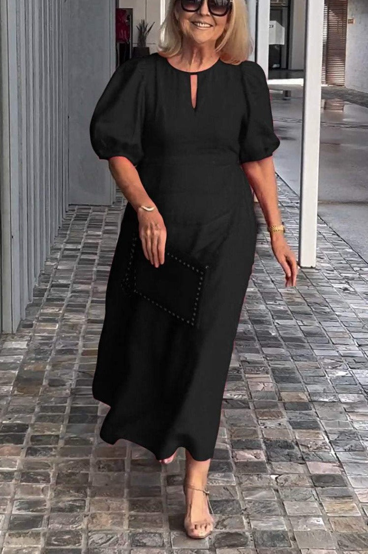 Robe midi femme – Coton doux – Coupe ample – Manches bouffantes – Col rond fendu