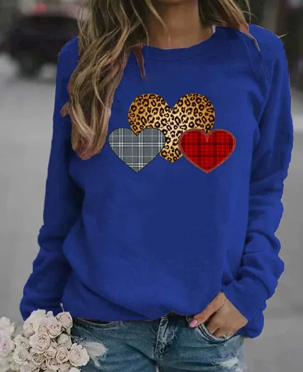 Sweatshirt femme – Coupe ample – Coton doux – Manches longues – Motifs cœurs graphiques