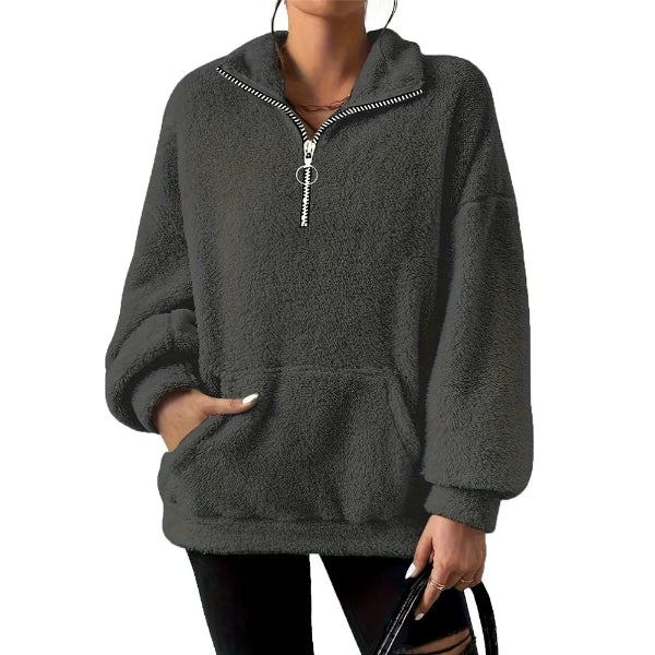 Sweatshirt femme – Coupe oversize – Molleton doux – Demi-zip – Col montant – Poche kangourou