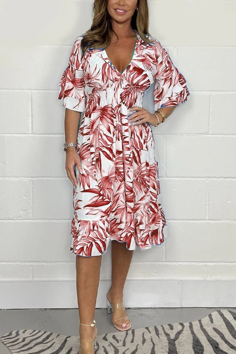 Robe Midi Femme – Coupe Ample – Taille Haute – Imprimé Botanique – Manches Volants