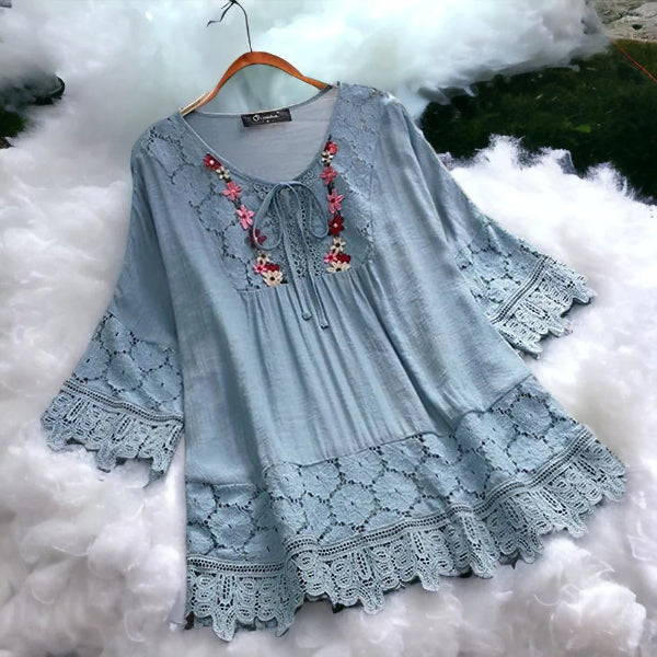Tunique femme – Coupe fluide – Dentelle élégante – Col brodé – Manches 3/4