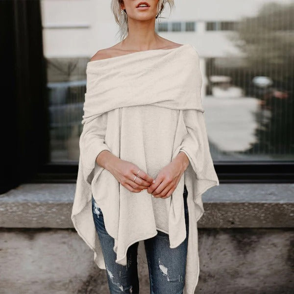 Top femme à manches longues – Épaules dénudées – Coupe ample – Ourlet asymétrique