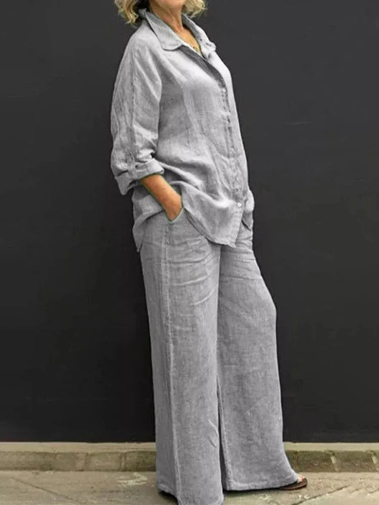 Ensemble femme – Linnen – Coupe ample – Chemise boutonnée – Pantalon large