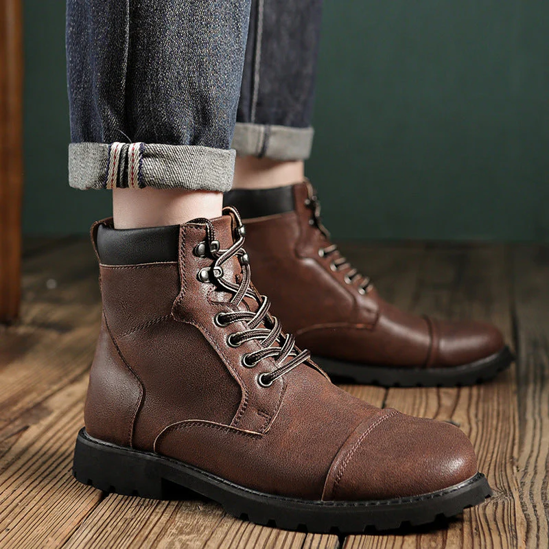 Bottes à Lacets Homme – Cuir Lisse – Tige Cheville – Bout Renforcé – Col Matelassé