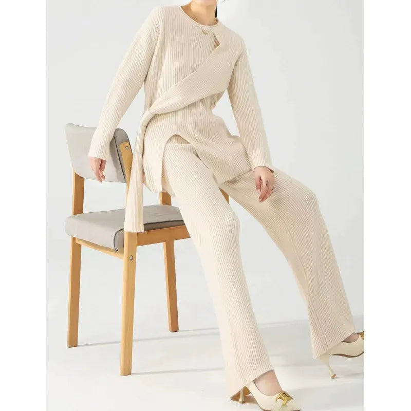 Ensemble Femme Deux Pièces – Tricot Côtelé – Coupe Décontractée – Pull Asymétrique
