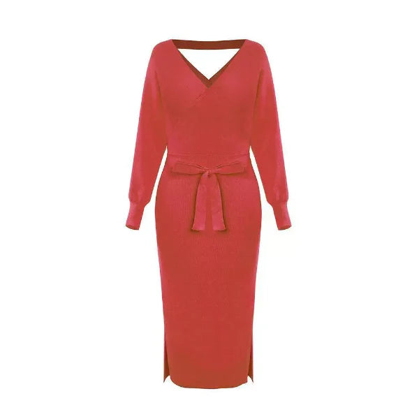 Robe pull femme – Coupe ajustée – Col en V – Longueur midi – Ceinture à nouer