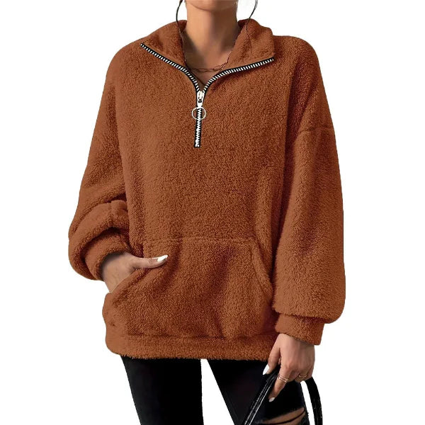 Sweatshirt femme – Coupe oversize – Molleton doux – Demi-zip – Col montant – Poche kangourou