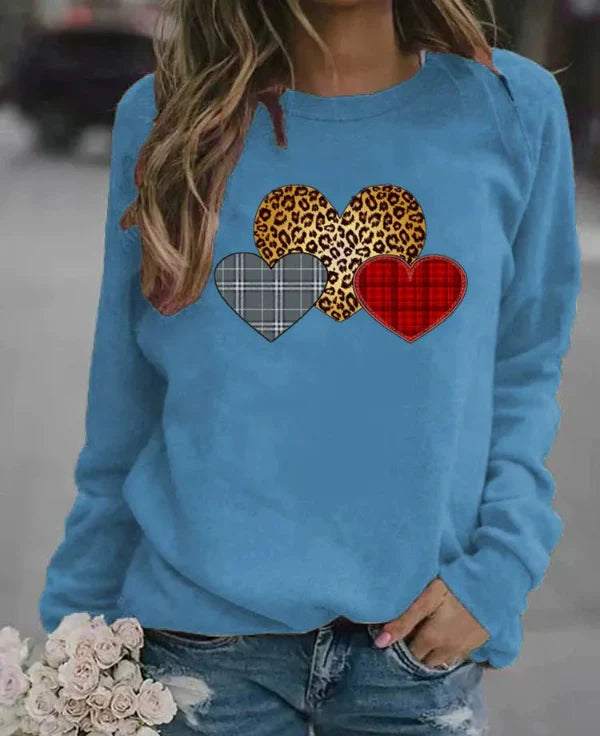 Sweatshirt femme – Coupe ample – Coton doux – Manches longues – Motifs cœurs graphiques