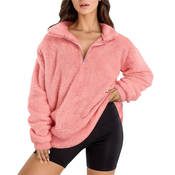 Sweat femme en polaire – Coupe oversize – Demi-zip – Col montant confortable