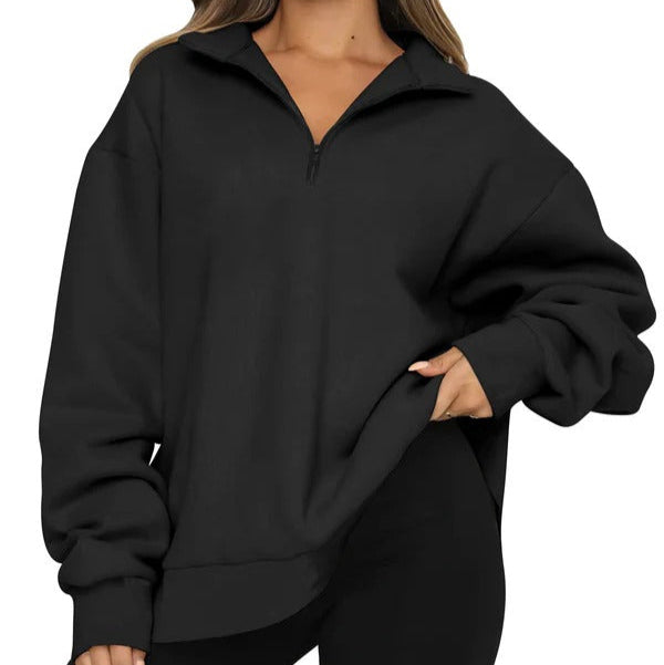 Sweatshirt femme oversize – Coton doux – Col montant zippé – Coupe décontractée