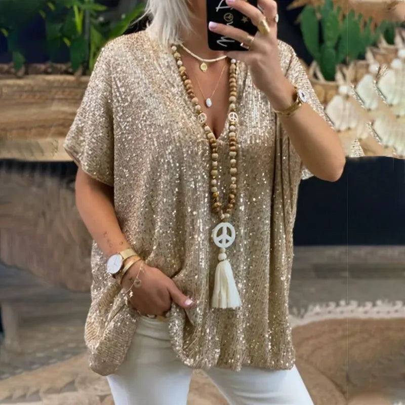 T-shirt col V femme – Coupe décontractée – Manches courtes – Entièrement à sequins