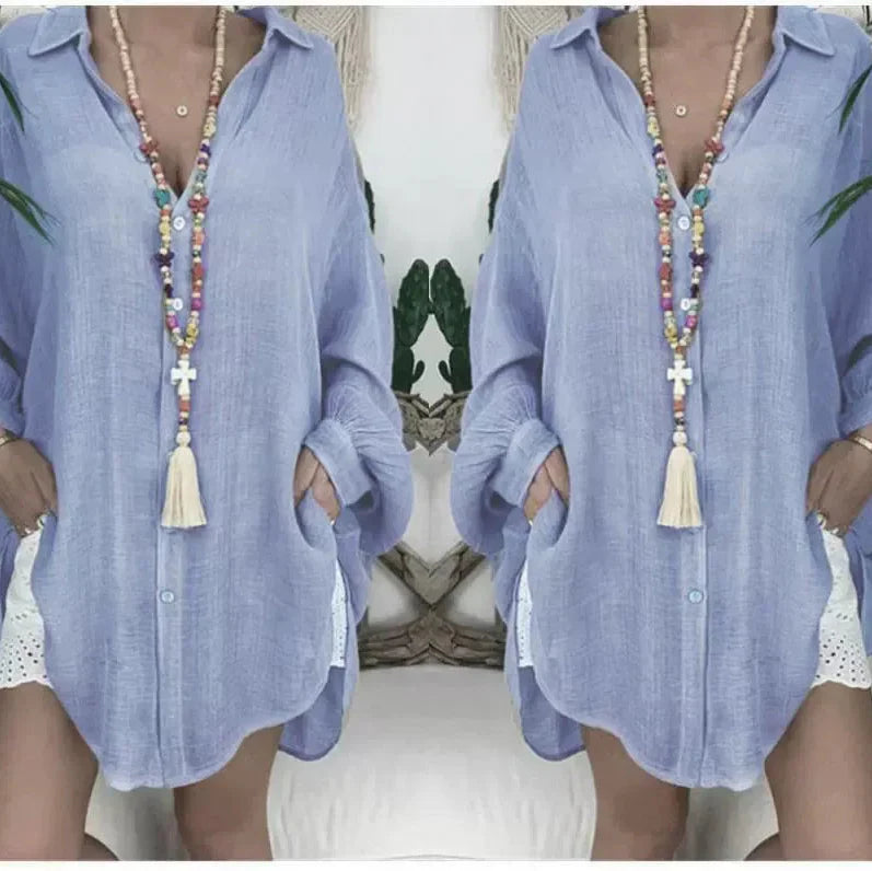 Blouse femme – Coupe oversize – Manches longues – Boutonnée – Coton lin léger