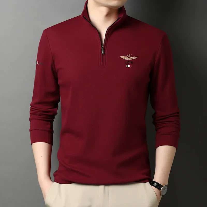 T-shirt manches longues homme – Coupe slim – Coton – Col zippé – Logo brodé