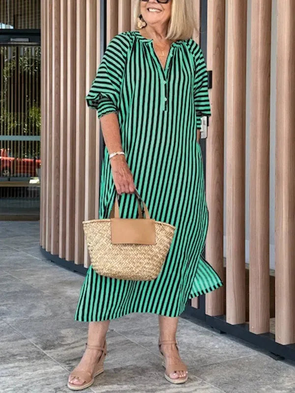 Robe midi femme – Coupe décontractée – Rayures – Col en V – Manches volantées