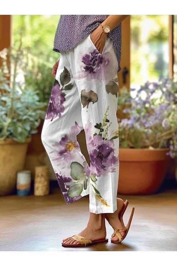 Pantalon femme décontracté – Coupe ample – Tissu respirant – Longueur totale – Imprimé fleuri – Poches