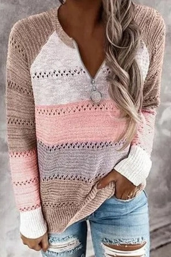 Pull femme – Coupe décontractée – Maille légère – Col zippé – Manches raglan