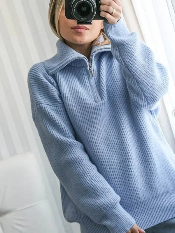 Pull femme – Laine – Coupe décontractée – Col zippé – Finitions côtelées