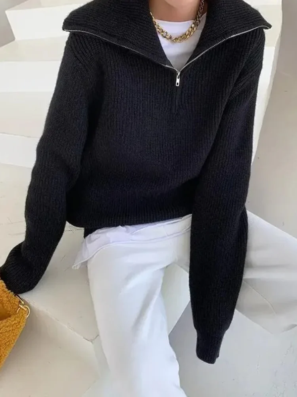Pull femme – Laine – Coupe décontractée – Col zippé – Finitions côtelées