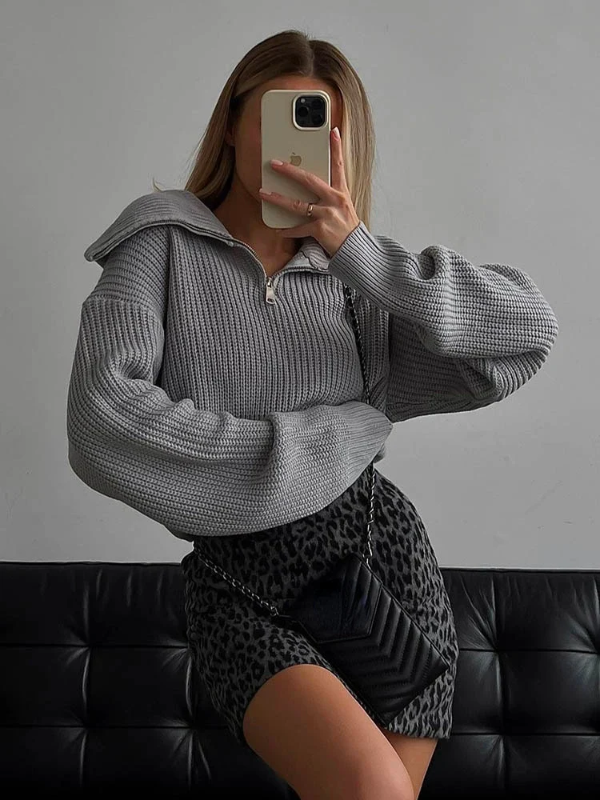 Pull femme – Laine – Coupe décontractée – Col zippé – Finitions côtelées