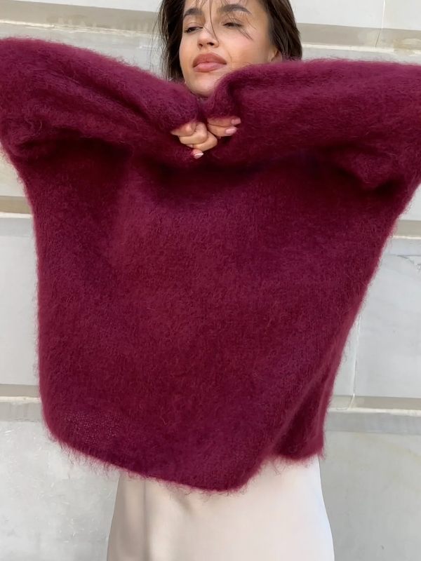 Pull femme – Coupe oversize – Manches longues – En mohair doux – Col rond