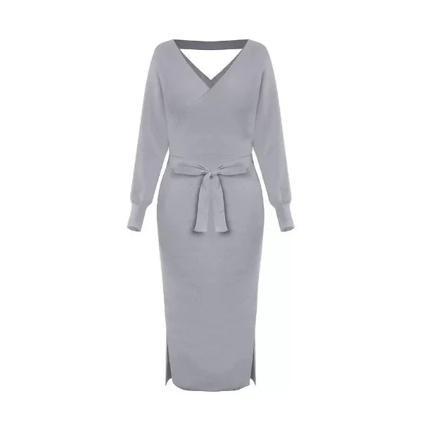 Robe pull femme – Coupe ajustée – Col en V – Longueur midi – Ceinture à nouer