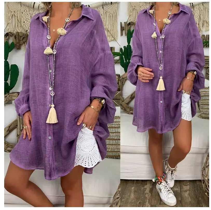 Blouse femme – Coupe oversize – Manches longues – Boutonnée – Coton lin léger