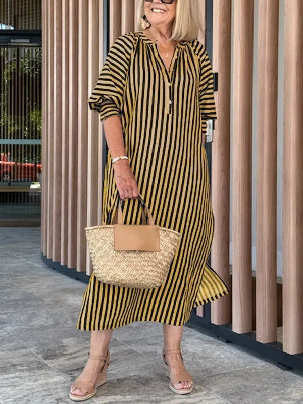 Robe midi femme – Coupe décontractée – Rayures – Col en V – Manches volantées