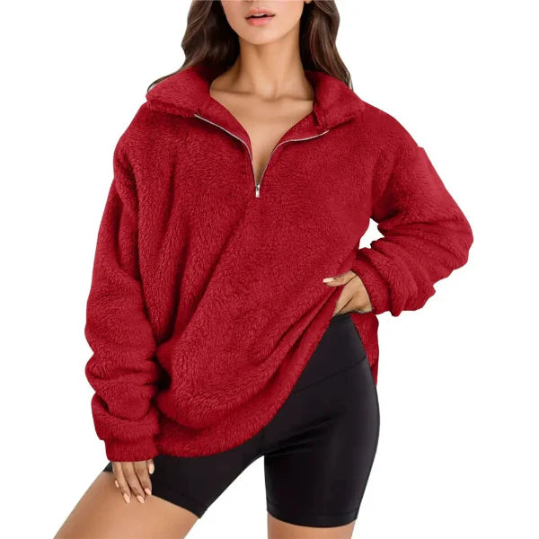 Sweat femme en polaire – Coupe oversize – Demi-zip – Col montant confortable