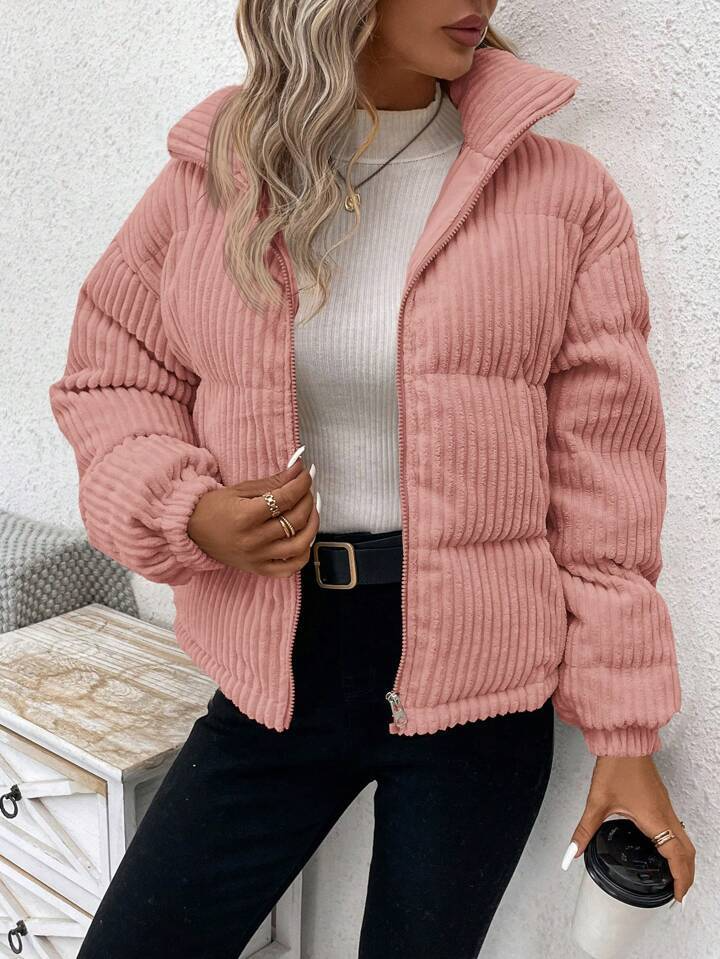 Veste femme matelassée – Velours côtelé – Coupe décontractée – Col montant zippé