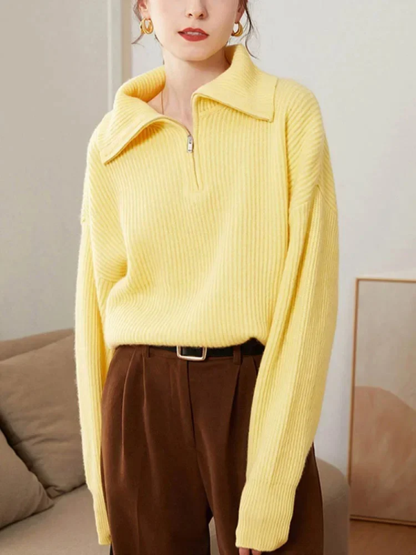 Pull femme – Laine – Coupe décontractée – Col zippé – Finitions côtelées