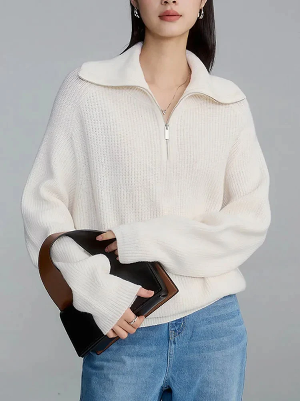 Pull femme – Laine – Coupe décontractée – Col zippé – Finitions côtelées