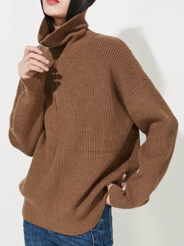 Pull femme – Laine – Coupe décontractée – Col zippé – Finitions côtelées