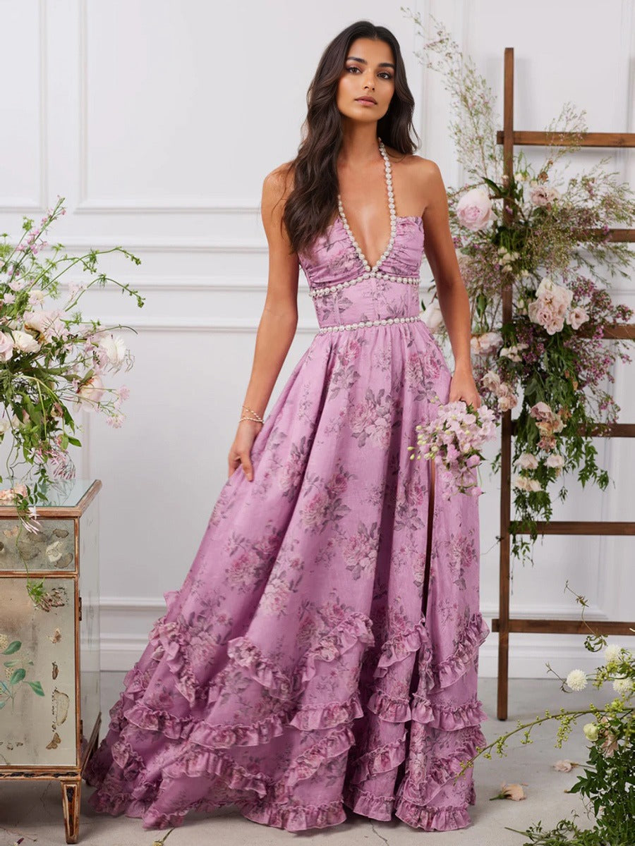 Robe longue femme – Décolleté dos nu – Taille perlée – Motifs floraux – Jupe à volants