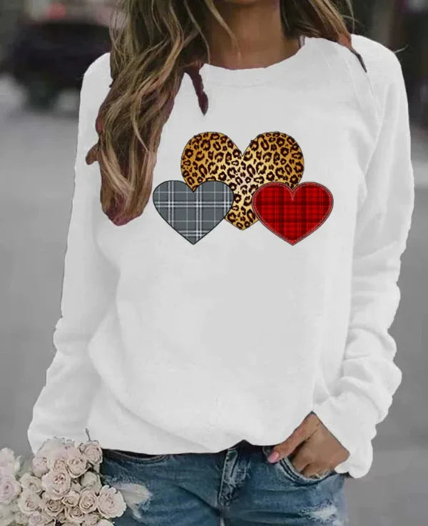 Sweatshirt femme – Coupe ample – Coton doux – Manches longues – Motifs cœurs graphiques