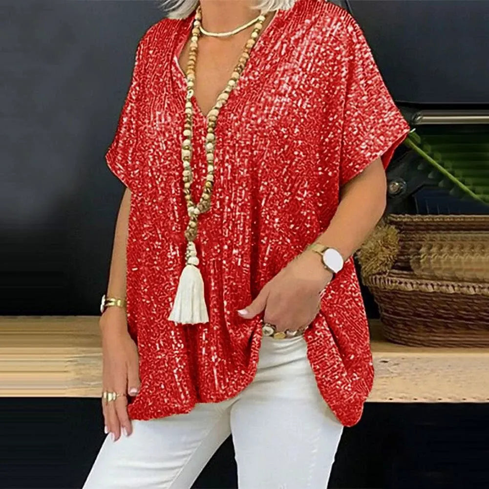 T-shirt col V femme – Coupe décontractée – Manches courtes – Entièrement à sequins