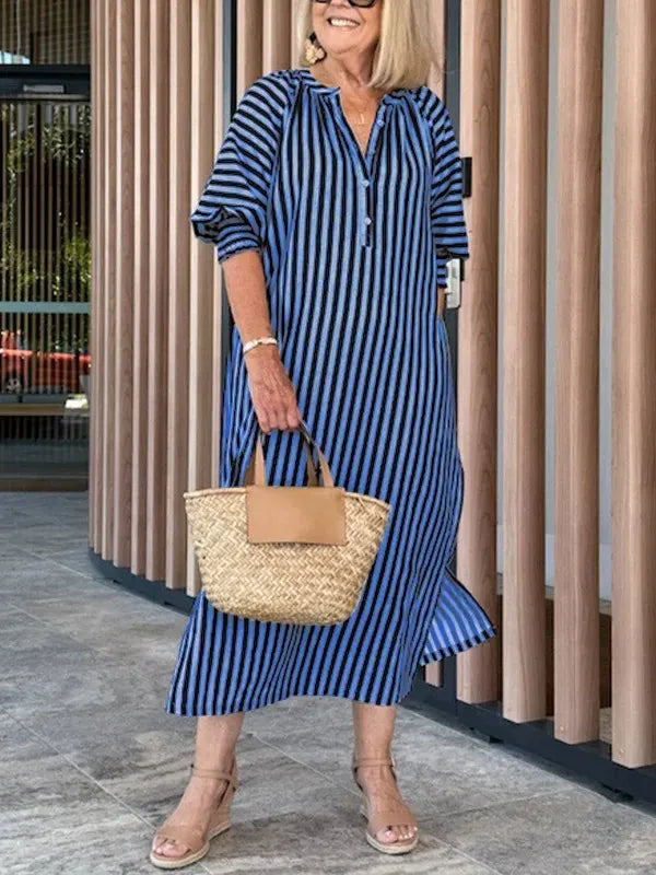 Robe midi femme – Coupe décontractée – Rayures – Col en V – Manches volantées