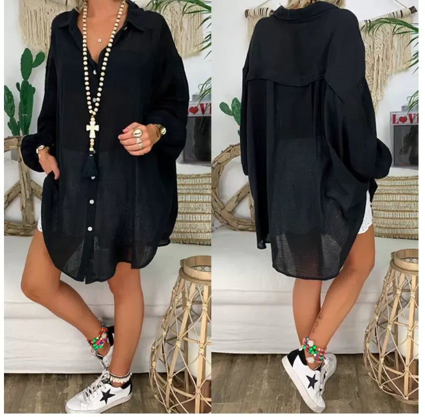 Blouse femme – Coupe oversize – Manches longues – Boutonnée – Coton lin léger