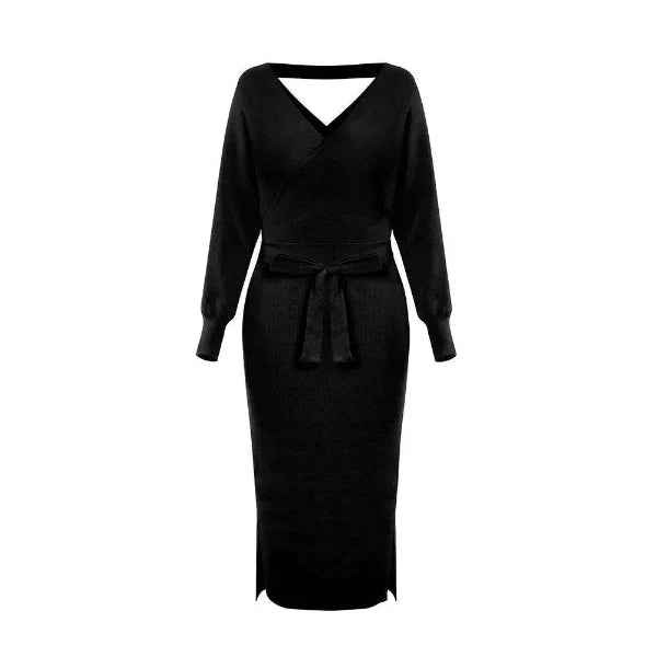Robe pull femme – Coupe ajustée – Col en V – Longueur midi – Ceinture à nouer