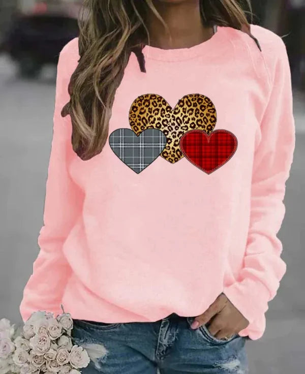 Sweatshirt femme – Coupe ample – Coton doux – Manches longues – Motifs cœurs graphiques