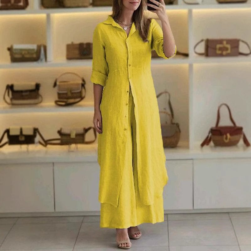 Ensemble Femme Deux Pièces – Haut Ample Boutonné – Pantalon Large – Coton Léger