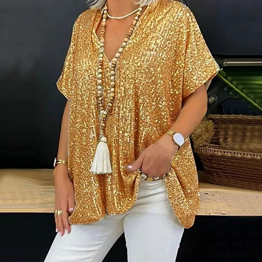T-shirt col V femme – Coupe décontractée – Manches courtes – Entièrement à sequins