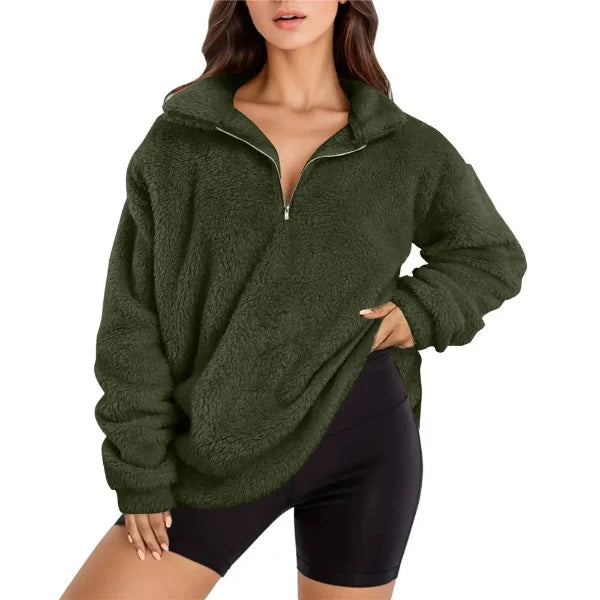 Sweat femme en polaire – Coupe oversize – Demi-zip – Col montant confortable