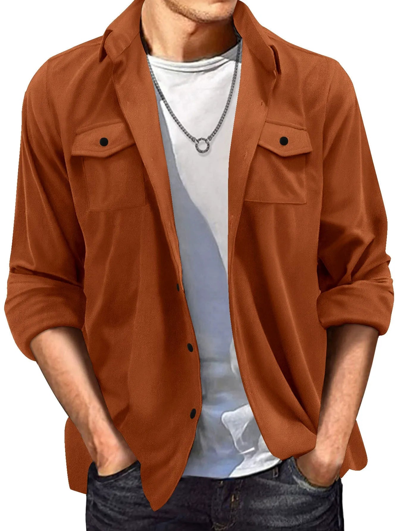Veste homme casual – Coupe régulière – Effet suédé – Col chemise – Boutonnage frontal