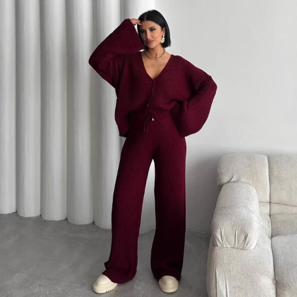 Ensemble loungewear femme – Tricot côtelé – Coupe oversize – Haut boutonné manches larges