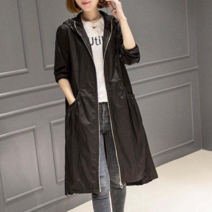 Veste imperméable femme – Coupe décontractée – Longueur genou – Capuche – Zip complet