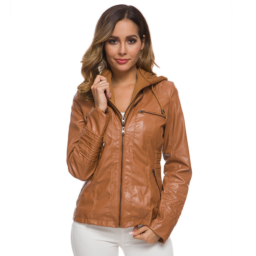 Veste en cuir femme – Coupe slim – Capuche – Poches zippées – Longueur taille