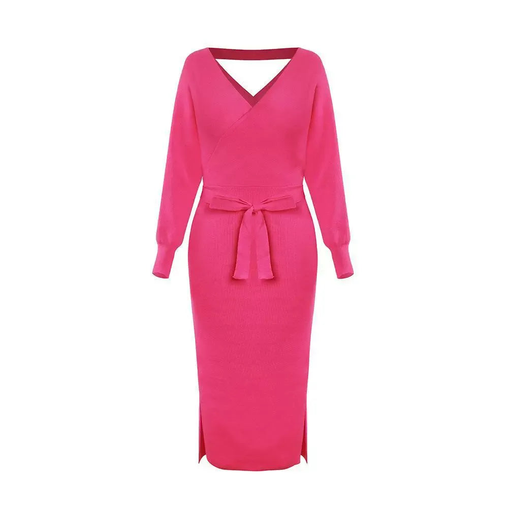 Robe pull femme – Coupe ajustée – Col en V – Longueur midi – Ceinture à nouer