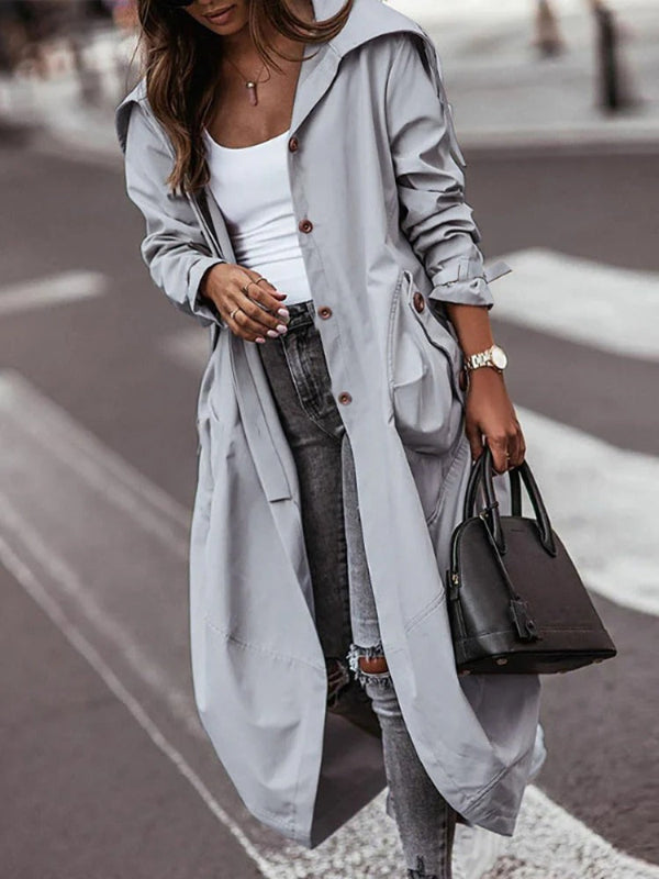 Manteau trench femme – Coupe oversize – Longueur cheville – Capuche style utilitaire