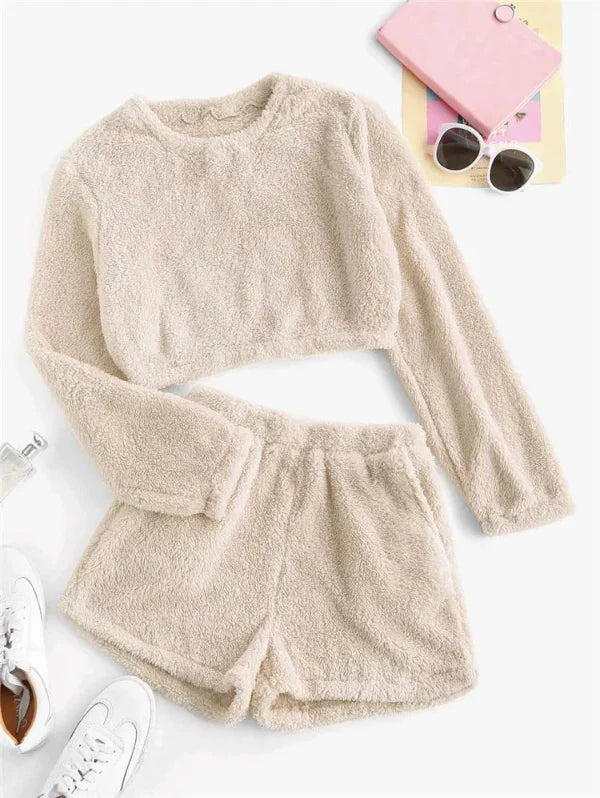 Ensemble loungewear femme – Haut court manches longues – Short taille haute doux